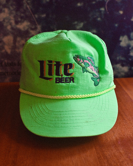 Distressed Miller Lite Trout Fishing Rope Cap