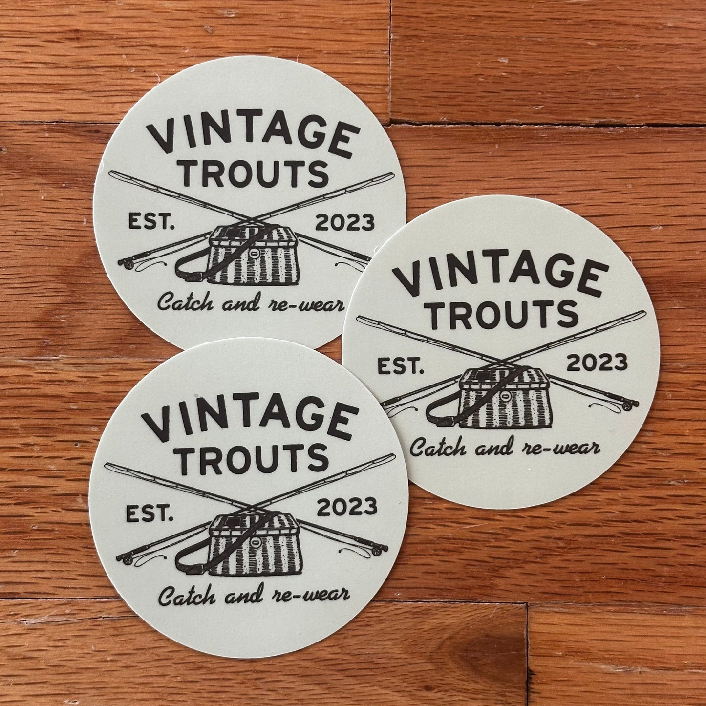 Vintage Trouts Vinyl Sticker Creel and Rod Cross